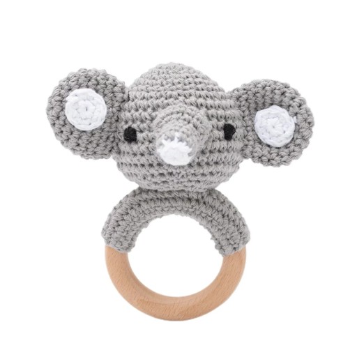 Children's Crocheted Rattle with Wooden Ring for Grasping, Elephant, Ideal for Motor Skills and Hearing Development