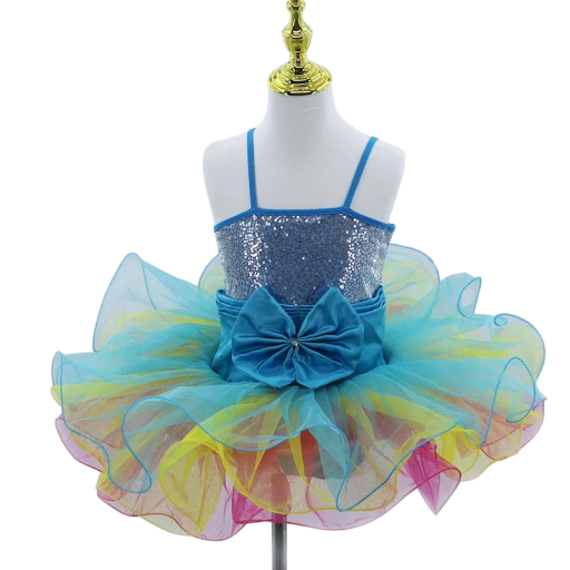 Children's Dance Dress with Tutu Skirt, Sequin Bodice and Bow at the Waist, Nylon Stretch Dress for Dance Performances and Recitals