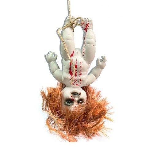 Children's Hanging Doll with Blood Horror Hanging Doll Halloween Decoration Cursed Doll Indoor and Outdoor Halloween Decoration 25 x 15 cm