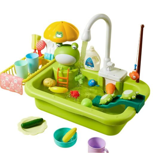 Children's Kitchen Sink 51 x 30 x 33 cm Electric Dishwasher Toy with Running Water Frog Role Play Fishing Girls' Kitchen