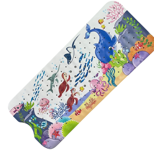 Children's Non-Slip Bath Mat with Marine Theme, 40 x 100 cm, Long Mat with Suction Cups for Bathroom