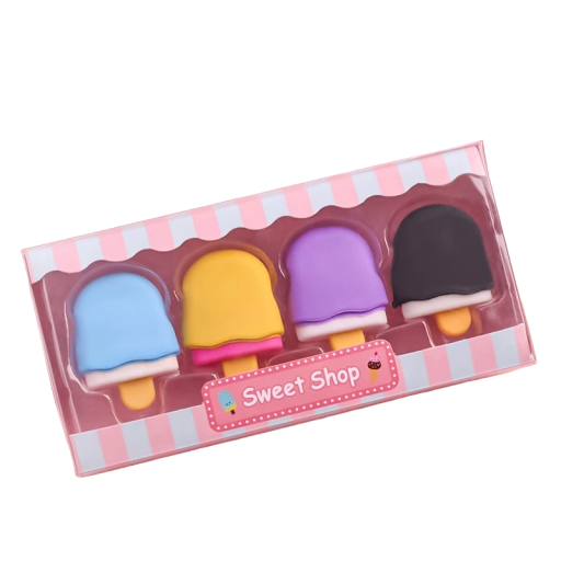 Children's Pencil Eraser Set in the Shape of a Lolly 4 pcs Colourful Lollies for Children Eraser Supplies Set in a Box Lolly Eraser Rubber for Erasing in a Set of 4 Pieces 3 x 2.5 cm