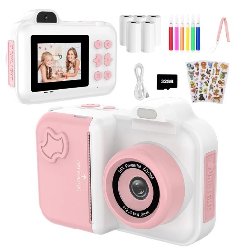 Children's Polaroid in Two-Colour Design with Instant Black and White Printing, 16x Zoom, Flash and Video with 32 GB Card and MP3 Player
