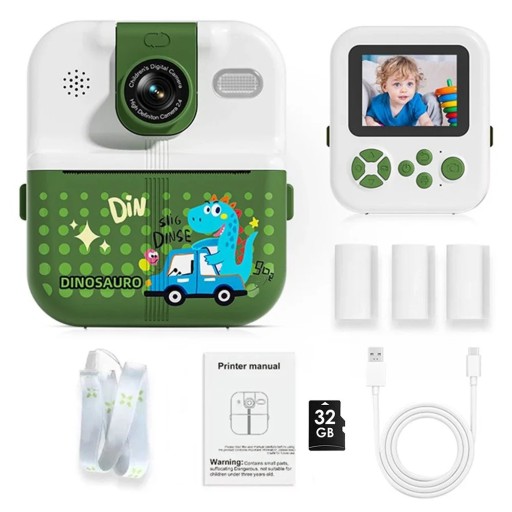 Children's Polaroid with Bluetooth and Black-and-White Photo Printing with a 2.4-Inch Display, 1080p Video, 16x Zoom, Flash and 32 GB Card