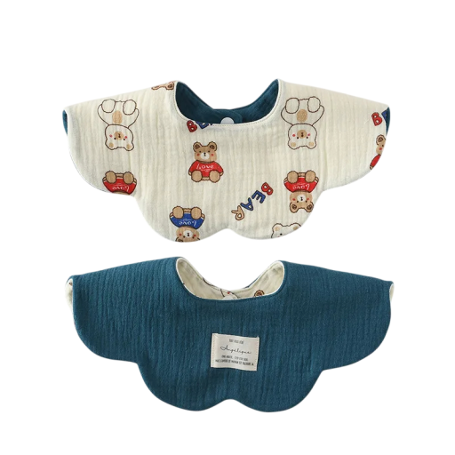 Children's Reversible Bib Beige Side with Bears in Red and Blue T-Shirts Dark Blue Smooth Side Wavy Edge Snap Fastener at the Neck