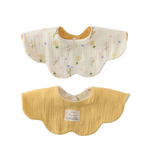 Children's Reversible Bib Small Colourful Flowers on Beige Side Yellow Smooth Side Wavy Leaf Edge Snap Fastening at Neck