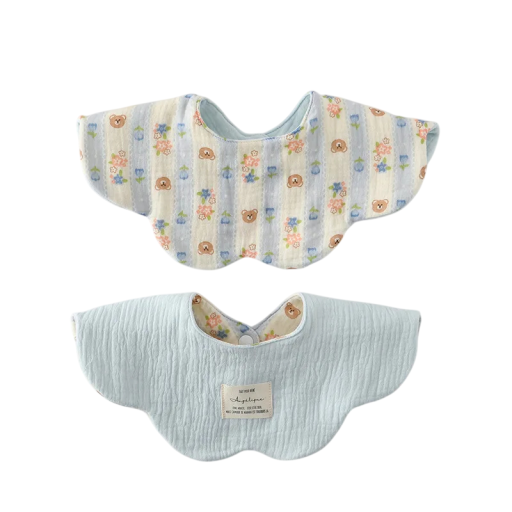 Children's Reversible Bib Striped Beige Side with Bears and Flowers Light Blue Smooth Side Press Stud at Neck Wavy Petal Outline