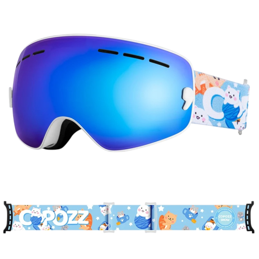 Children's Ski Goggles 15.5 x 8.2 cm UV400 Unisex Polycarbonate Anti-Fog Blue with Cartoon Cat Print Case