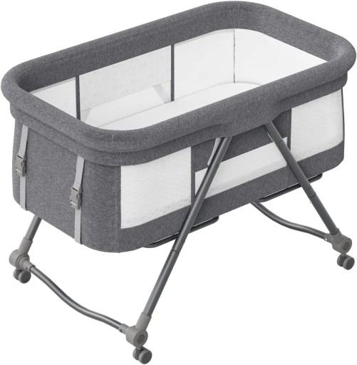 Children's Travel Cot with Rocking Mode Folding Frame Mesh Sides Wheels and Restraint Straps Gentle Rocking in a Range of 10 Degrees for Babies