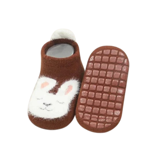 Children's Unisex Non-Slip Socks Brown with Bunny Design Cotton Polyester Elastane Soft Comfortable Socks for Kids