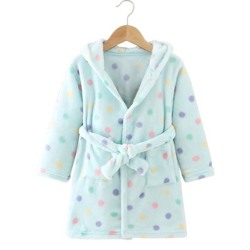 Children's Unisex Plush Bathrobe with Tie Polyester Blue with Colourful Dots Soft Warm Bathrobe