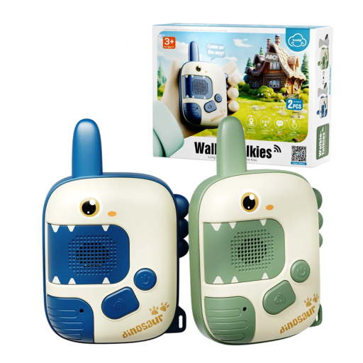 Children's Walkie Talkies 2 pcs with Dinosaur Design 11.3 x 7.3 x 4 cm One-Button Control with Clip and Strap Blue and Green for Outdoor Play
