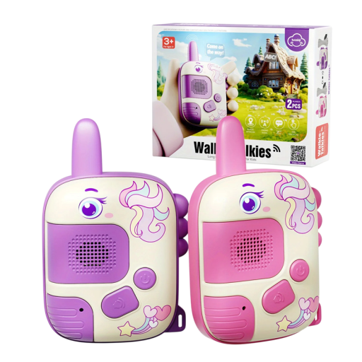 Children's Walkie Talkies 2 pcs with Unicorn Design PTT Button Clip on Back and Loop Hole Purple and Pink for Outdoor Games and Trips