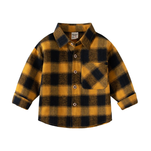 Children's Yellow and Black Checked Shirt with Collar Cotton Top with Long Sleeves and Buttons for Boys Infants Comfortable Clothing