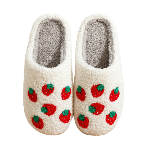 Chinelos de casa peludos com morangos para adultos Chinelos de inverno macios com padrão de fruta Chinelos confortáveis e quentes com superfície
