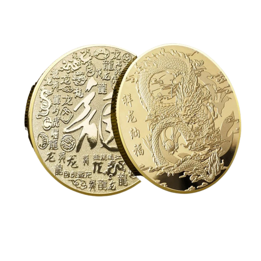 Chinese metalen munt met drakenmotief Verzamelbare Chinese munt voor geluk Vergulde munt met mythische draak en Chinese karakters Verzilverde munt in traditionele Chinese stijl 4 cm