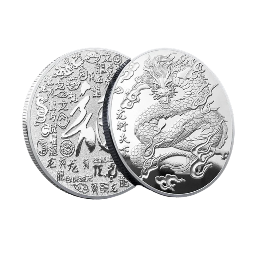 Chinese metalen munt met drakenmotief Verzamelbare Chinese munt voor geluk Vergulde munt met mythische draak Verzilverde munt met Chinese karakters 4 cm
