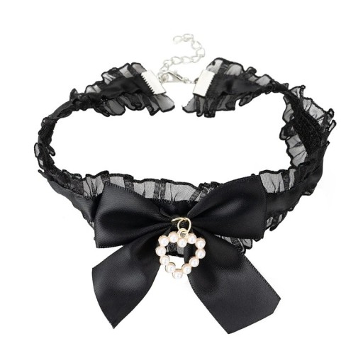 Choker de renda para senhora com laço e pendente de pérola com fecho nas costas colar elástico para o pescoço para uso social