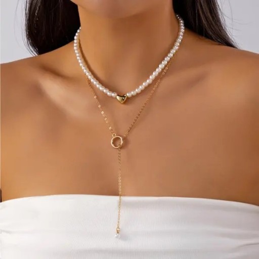Choker féminin superposé Choker perlé court Pendentif en forme de cœur Chaîne fine longue Chaîne pendante avec perle