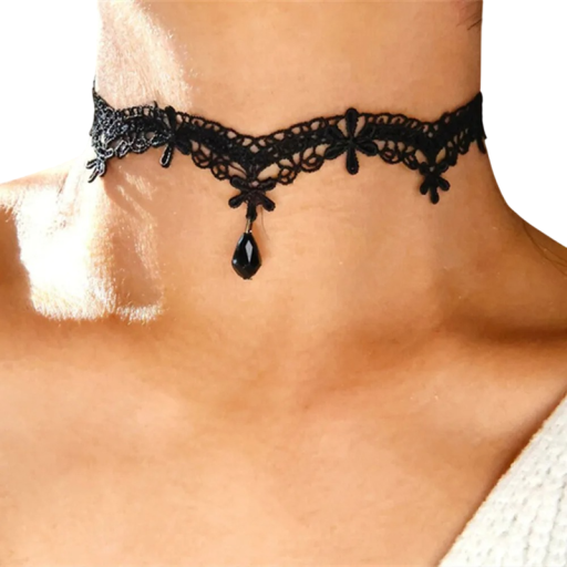 Choker noir pour femmes avec motif floral et pendentif, design en dentelle, à fermoir, accessoire stylé pour un port élégant ou quotidien