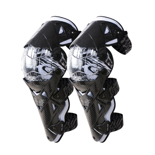 Chrániče kolen na motorku závodní ochranné délka 44 cm s popruhem 30 cm pevná konstrukce pro motokros a jízdu v terénu