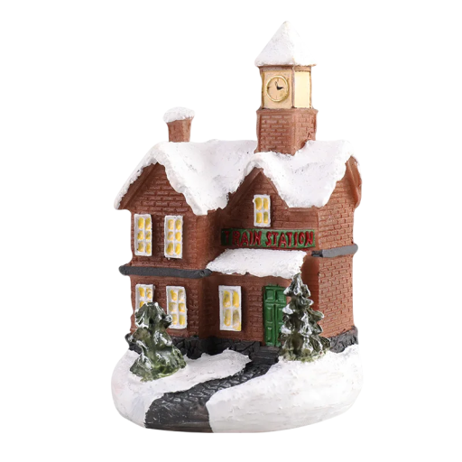 Christmas Decoration Two-Storey Brick House with Internal LED Light Translucent Walls Resin Miniature Powered by 3× AG13 Batteries