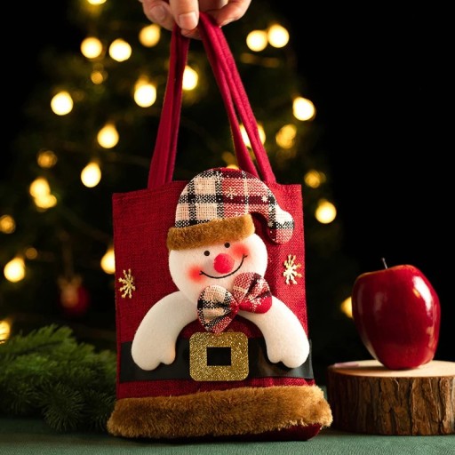 Christmas Gift Bag with Snowman 20 x 35 cm Linen Bag with Handles Reusable Bag for Gifts and Sweets Christmas Decoration