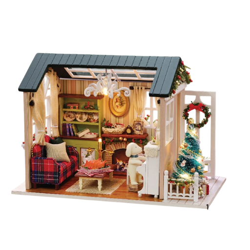 Christmas House 21 x 12.5 x 15.5 cm Miniature LED Building Kit with Furniture Realistic Model without Cover Decorative Illuminated House with Christmas Decorations
