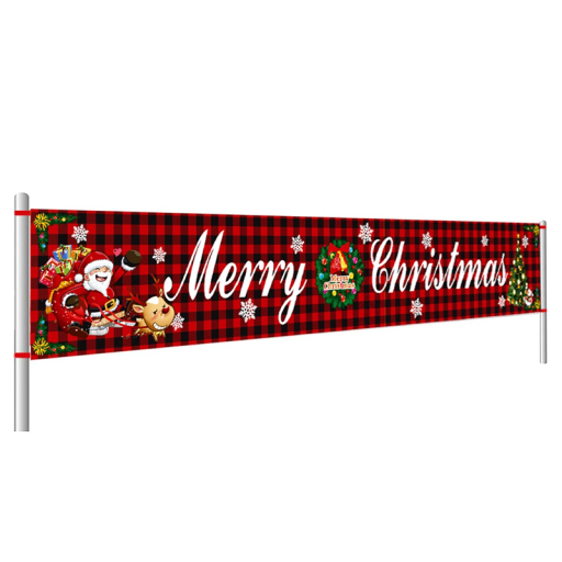 Christmas Outdoor Banner 296 x 48 cm Black-Red Checked with Santa, Reindeer and Christmas Tree with the Inscription Merry Christmas