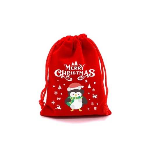 Christmas Velvet Pouch 9 x 12 cm Red Bag with Drawstring Merry Christmas with Penguin Gift Bag for Sweets Decorations Wedding Party