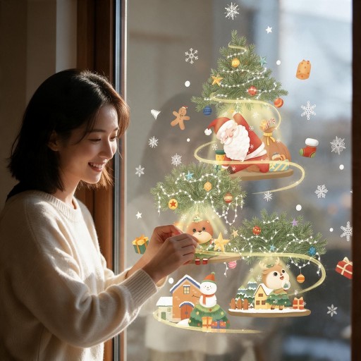 Christmas Window Stickers Reusable Green Christmas Tree with Santa and Animals Snowman and Houses Display Decoration