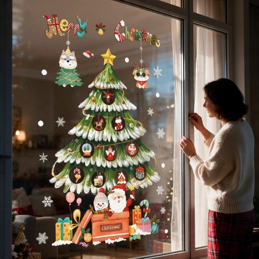 Christmas Window Stickers Reusable Merry Christmas Sign Snowy Christmas Tree Santa and Snowman Green Glass Decoration