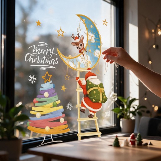 Christmas Window Stickers Reusable Santa on Ladder to Crescent Moon with Reindeer Rainbow Tree Golden Display Decoration