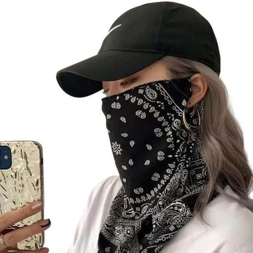 Chusta na twarz i szyję z pętelkami na uszy 36 x 25 cm lekka oddychająca czarna ochrona przed słońcem styl punk gangster do użytku na zewnątrz