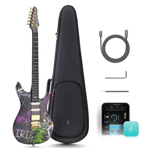 Chytrá Elektrická Kytara Enya INSPIRE IRIS Striekaný Vzor Uhlíkové Vlákno 6 Strún 24 Pražcov Snímače S-S-H Reproduktor 15 W Bluetooth