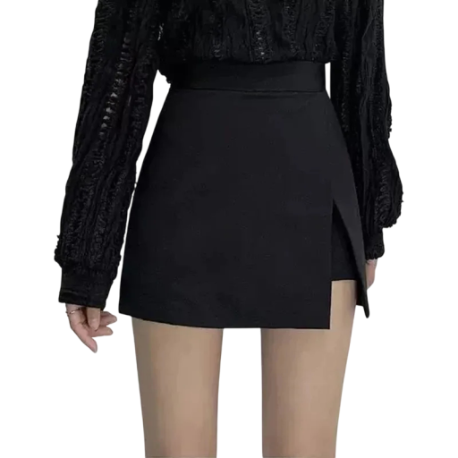Čierna kraťasová mini sukňa s vysokým pásom a bočným rázporkom Štýlová krátka sukňa pre ženy Elegantná mini sukňa do mesta na večer