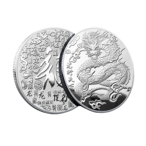 Čínska kovová minca s dračím motívom Zberateľská čínska minca pre šťastie Pozlátená minca s mýtickým drakom Postriebrená minca s čínskymi znakmi 4 cm