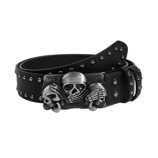 Cinto de couro preto com tachas metálicas 105 x 3,8 cm Fivela com motivo de caveiras Acessório estiloso Moda rock Estilo gótico Cinto punk unisex