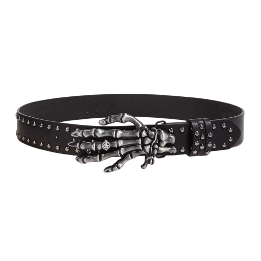 Cinto de pele preto com tachas metálicas 105 x 3,8 cm Fivela em forma de mão de esqueleto Estilo rock Moda gótica acessório unissexo cinto punk