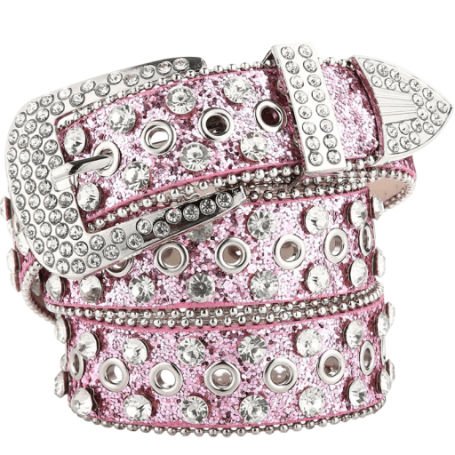 Cinto punk feminino 110 x 3,3 cm em pele PU Cinto estiloso com tachas e pedras brilhantes Acessório de moda rock para calças e vestidos