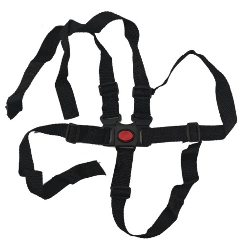 Cintos de segurança de cinco pontos para criança na cadeira Cintas pretas ajustáveis de nylon Fivela central com botão Dimensões da cinta 45 x 2,5 cm