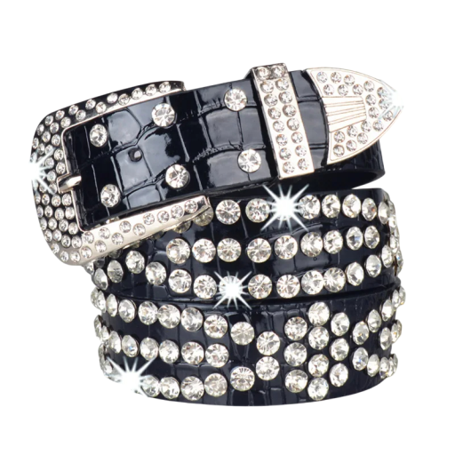 Cinturón punk para mujer 110 x 3,3 cm Piel sintética Tachuelas y brillantes Cristales Cinturón elegante Accesorio rockero para pantalones, vestidos y faldas
