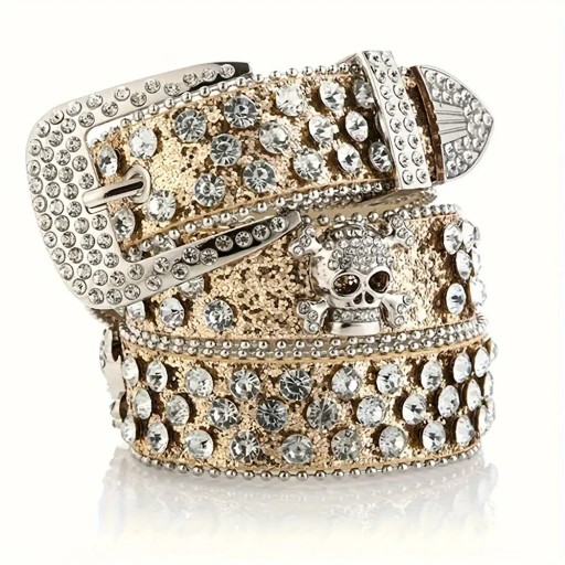 Cinturón rockero para mujer con calavera y gemas de piel sintética de 110 cm. Elegante cinturón con calavera de metal y piedras brillantes. Accesorio de moda estilo punk gótico.