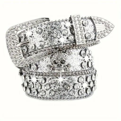 Cinturón rockero para mujer con calavera y gemas de piel sintética de 110 cm. Elegante cinturón con calavera de metal y piedras brillantes. Accesorio de moda estilo punk gótico.
