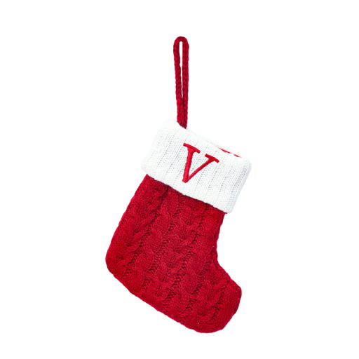 Ciorap roșu de Crăciun 15 x 25,7 cm cu margine albă și literă V Ciorap decorativ cu sfoară pentru suspendare Ornament de Crăciun