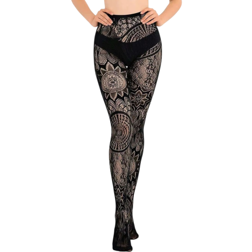 Ciorapi modelați cu structură deschisă și motiv ornamental, o singură mărime, elastic, negru, pentru purtare zilnică