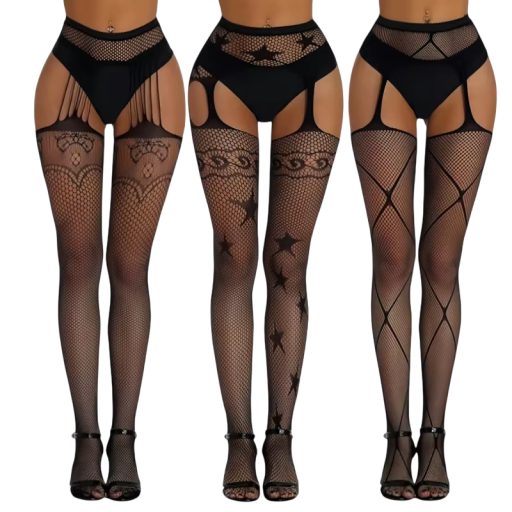 Ciorapi stilizați cu efect de dantelă și model plasat, mărime universală 150–185 cm, nylon elastan, negri pentru purtare