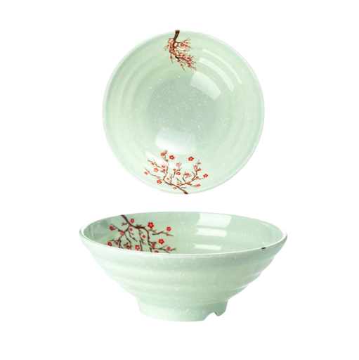 Ciotola in porcellana in stile giapponese 600 ml con sfondo verde chiaro e motivo di rami con fiori rossi 17,7 x 6,9 cm per noodles