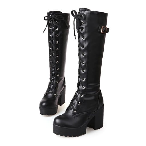 Cizme elegante cu toc inalt cu siret J1296