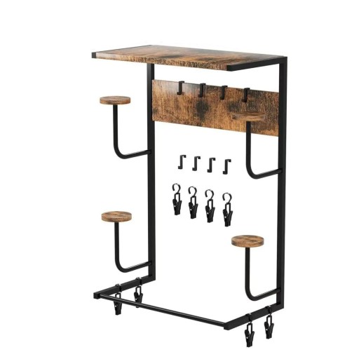 Coadă de perete înaltă 43 x 25 cm înălțime 82 cm cu raft superior, trei suporturi, cârlige și cleme pentru mărunțișuri din lemn brun și metal negru